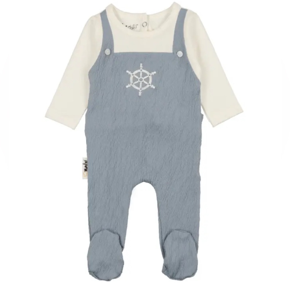 Maniere Sailor Overall Footie in Denim Blue
